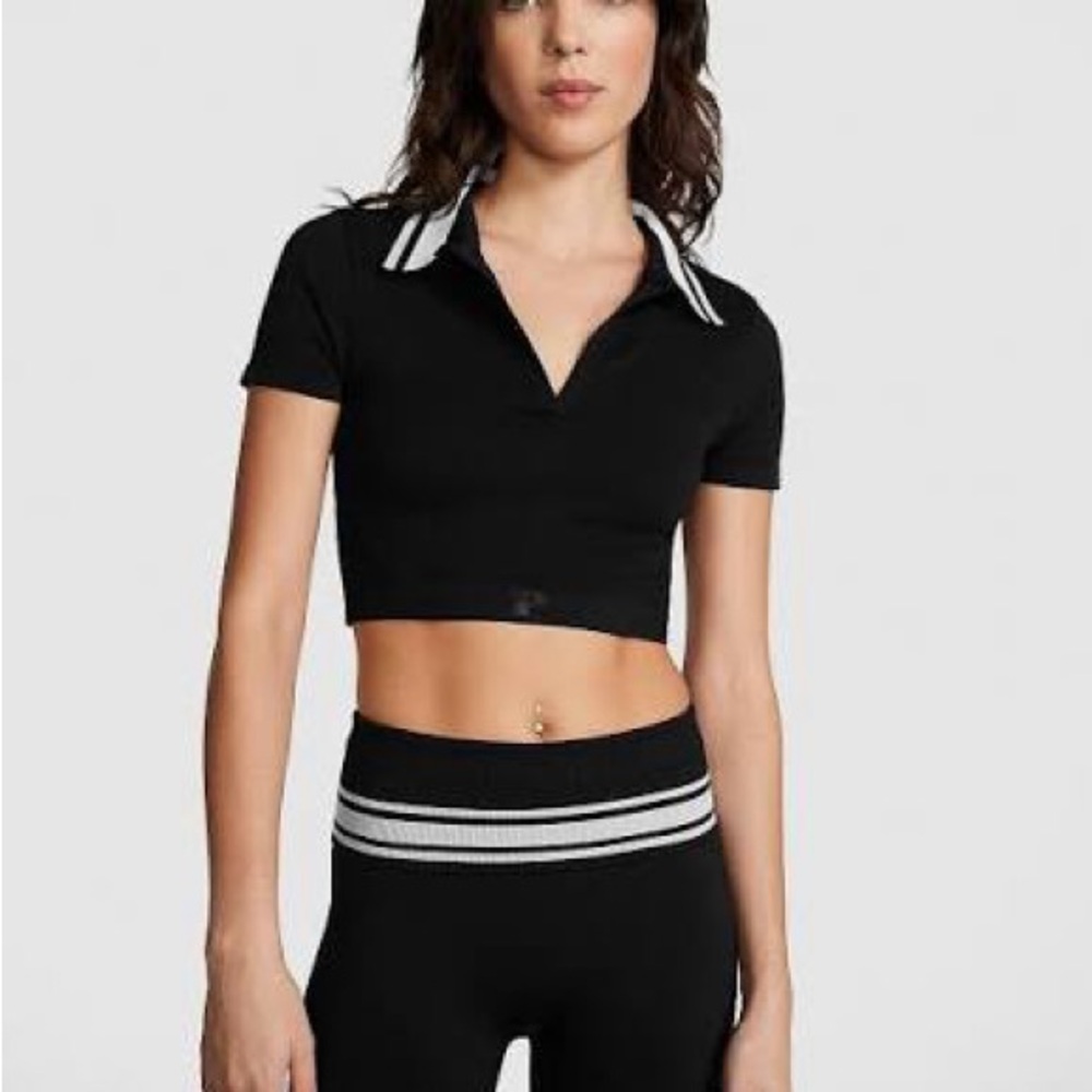 Bundle of Pink Victoria Secret Black Polo Crop Top, bike shorts and leggings
